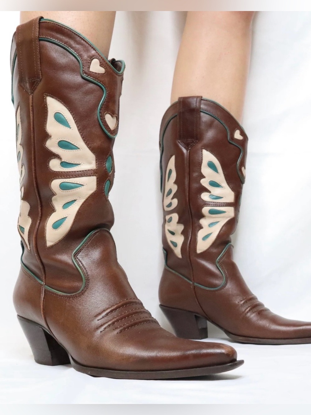 Vintage 90s Nine West Leather Cowboy Boots with Butterfly Inlays - Size 9.5M